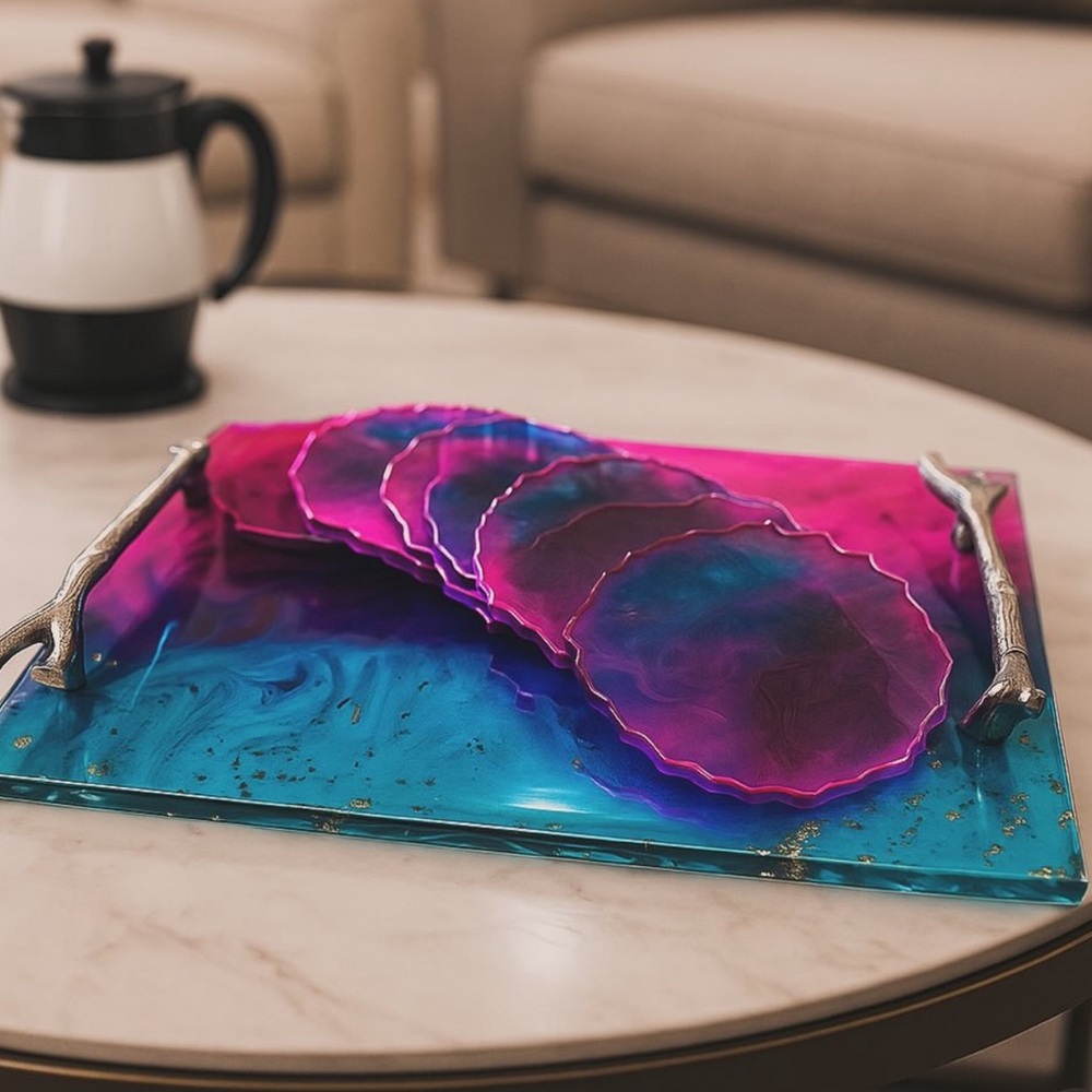 Vibrant Pink and Blue Agate Coaster Set
